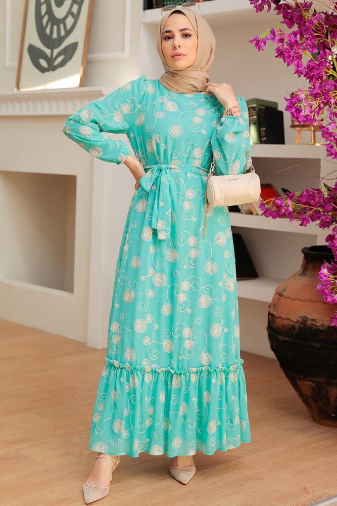 Neva Style - Desenli Mint Tesettür Elbise 13311MINT - 1