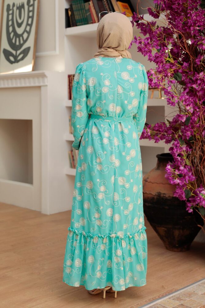 Neva Style - Desenli Mint Tesettür Elbise 13311MINT - 4