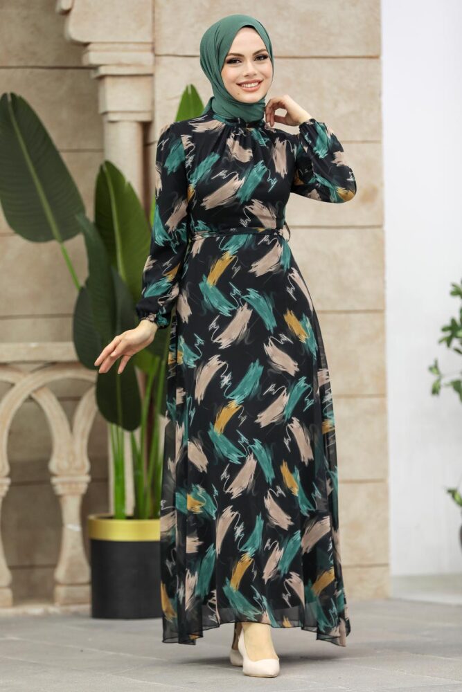 Neva Style - Desenli Mint Tesettür Elbise 27930MINT - 2