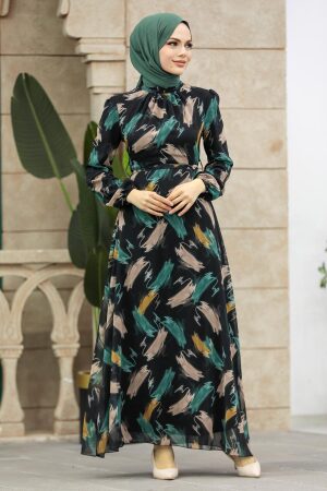 Neva Style - Desenli Mint Tesettür Elbise 27930MINT - 1