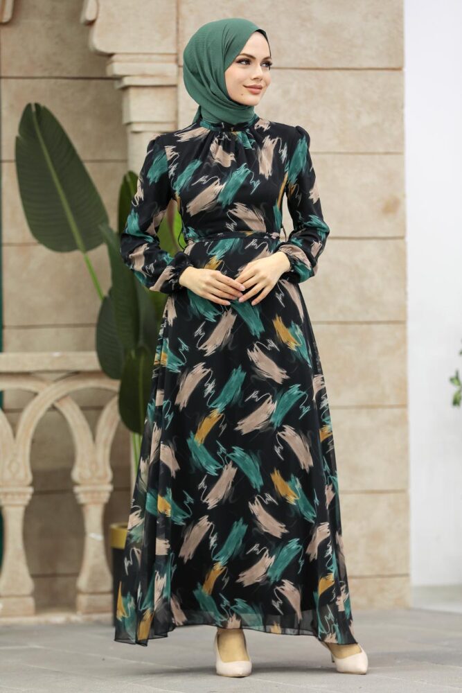 Neva Style - Desenli Mint Tesettür Elbise 27930MINT - 1