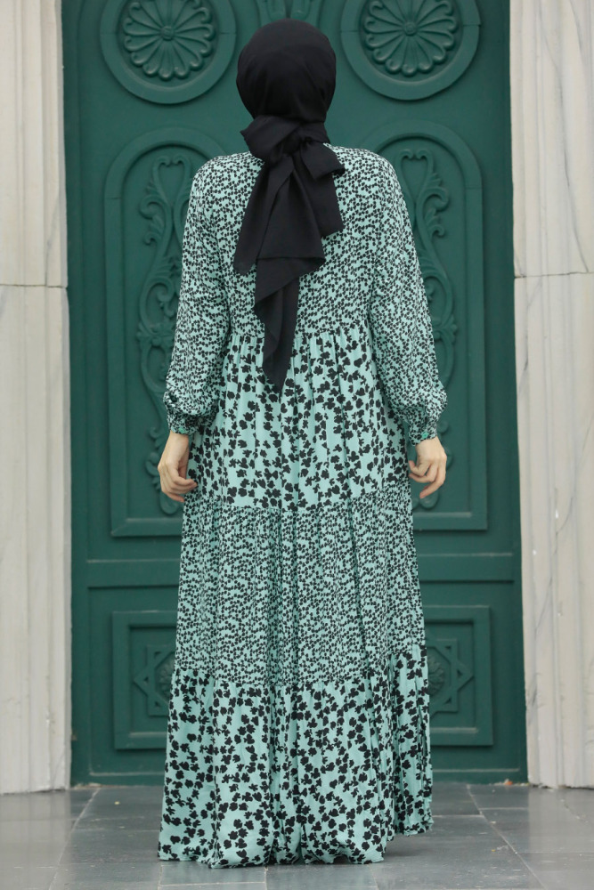 Neva Style - Desenli Mint Tesettür Elbise 30171MINT - 4