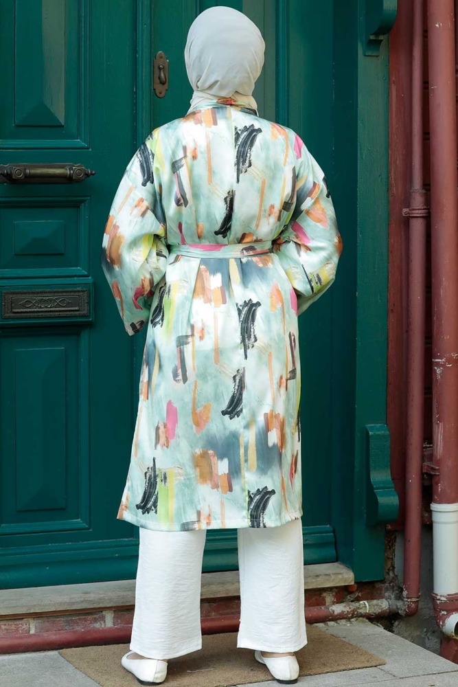 Neva Style - Desenli Mint Tesettür Kimono 14840MINT - 2