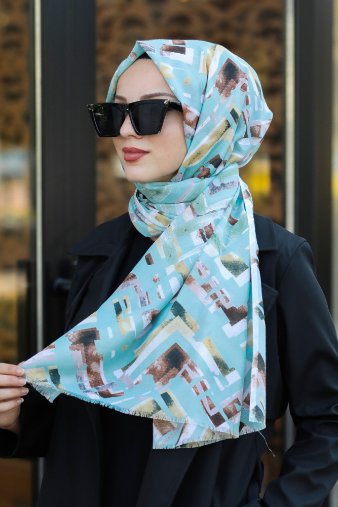 Neva Style - Desenli Mint Tesettür Şal 7552MINT - NEVA STYLE SALLAR