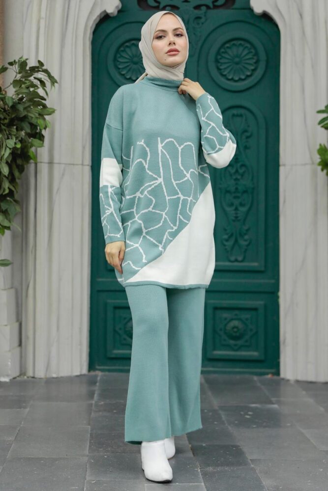  Desenli Mint Tesettür Triko İkili Takım 6397MINT - 1