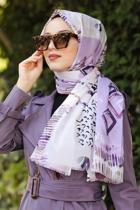  Desenli Mor Şal 7553MOR - 1