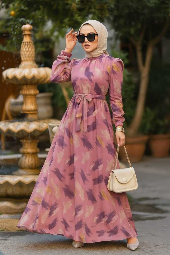 Neva Style - Desenli Mor Tesettür Elbise 27930MOR - 1