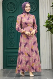 Neva Style - Desenli Mor Tesettür Elbise 27930MOR - Thumbnail
