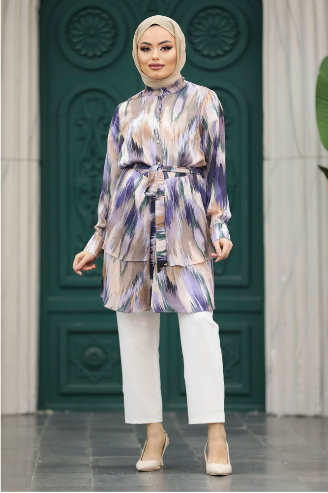  Desenli Mor Tesettür Tunik 21066MOR - 1