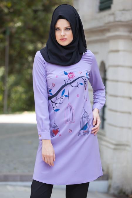 Neva Style - Desenli Mor Tesettür Tunik 3028MOR - 2