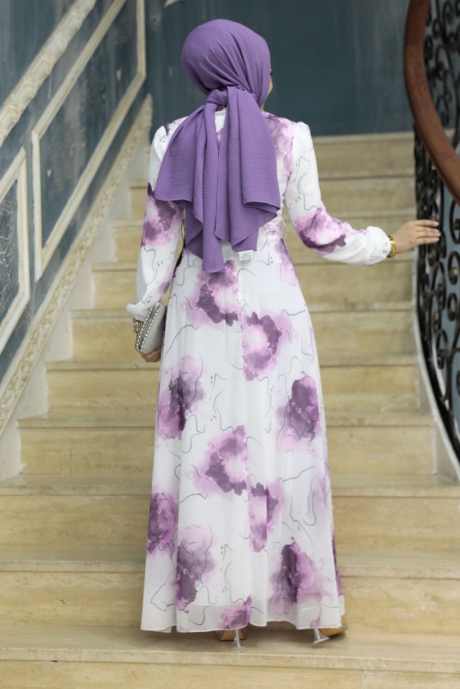 Neva Style - Desenli Mürdüm Tesettür Elbise 279313MU - 4