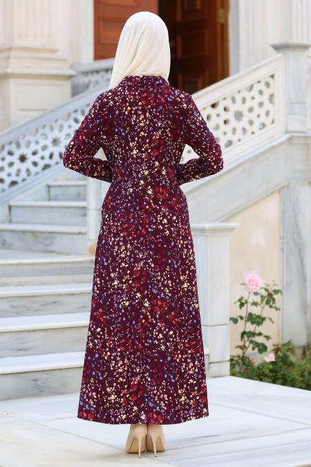 Neva Style - Desenli Mürdüm Tesettür Kap 17528MU - 2