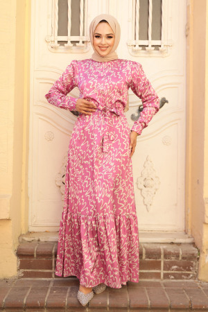 Neva Style - Desenli Pembe Tesettür Elbise 3430P - 2
