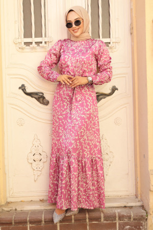 Neva Style - Desenli Pembe Tesettür Elbise 3430P - 1