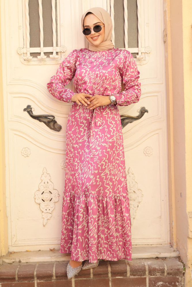 Neva Style - Desenli Pembe Tesettür Elbise 3430P - 1