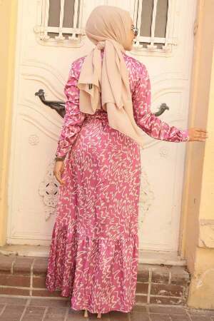 Neva Style - Desenli Pembe Tesettür Elbise 3430P - 3