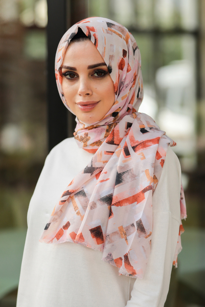 Neva Style - Desenli Pembe Tesettür Şal 7552P - NEVA STYLE SALLAR