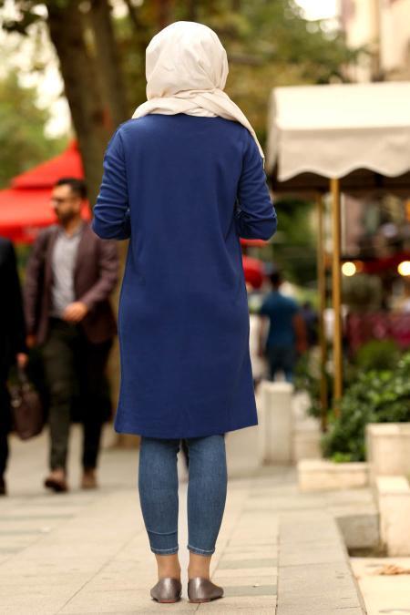 Neva Style - Desenli Petrol Mavisi Tesettür Triko Tunik 15071PM - 2