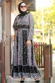 Neva Style - Desenli Pudra Tesettür Elbise 10373PD - Thumbnail
