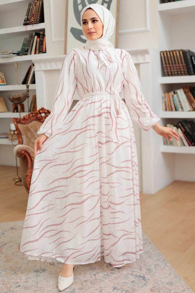  Neva Style - Desenli Pudra Tesettür Elbise 12302PD - NEVA STYLE