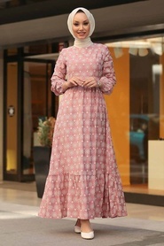 Neva Style - Desenli Pudra Tesettür Elbise 2848PD - Thumbnail