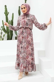Neva Style -Desenli Pudra Tesettür Elbise 2998PD - Thumbnail