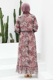Neva Style -Desenli Pudra Tesettür Elbise 2998PD - Thumbnail