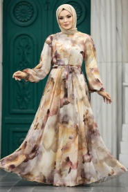Neva Style - Desenli Pudra Tesettür Elbise 33095PD - Thumbnail