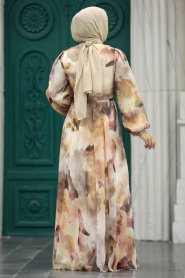 Neva Style - Desenli Pudra Tesettür Elbise 33095PD - Thumbnail