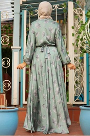 Neva Style - Desenli Saten Çağla Yeşili Tesettür Elbise 22165CY - Thumbnail
