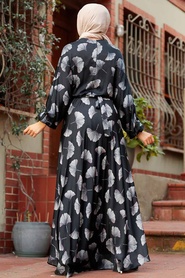 Neva Style - Desenli Saten Siyah Tesettür Elbise 22165S - Thumbnail