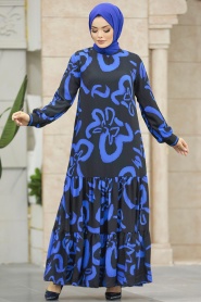 Neva Style - Desenli Sax Mavisi Tesettür Elbise 12437SX - Thumbnail