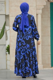 Neva Style - Desenli Sax Mavisi Tesettür Elbise 12437SX - Thumbnail