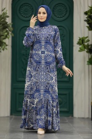 Neva Style - Desenli Sax Mavisi Tesettür Elbise 15714SX - Thumbnail