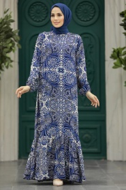 Neva Style - Desenli Sax Mavisi Tesettür Elbise 15714SX - Thumbnail