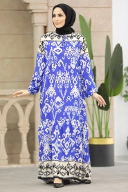Neva Style - Desenli Sax Mavisi Tesettür Elbise 17510SX - Thumbnail