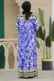 Neva Style - Desenli Sax Mavisi Tesettür Elbise 17510SX - Thumbnail