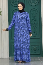 Neva Style - Desenli Sax Mavisi Tesettür Elbise 2297SX - Thumbnail