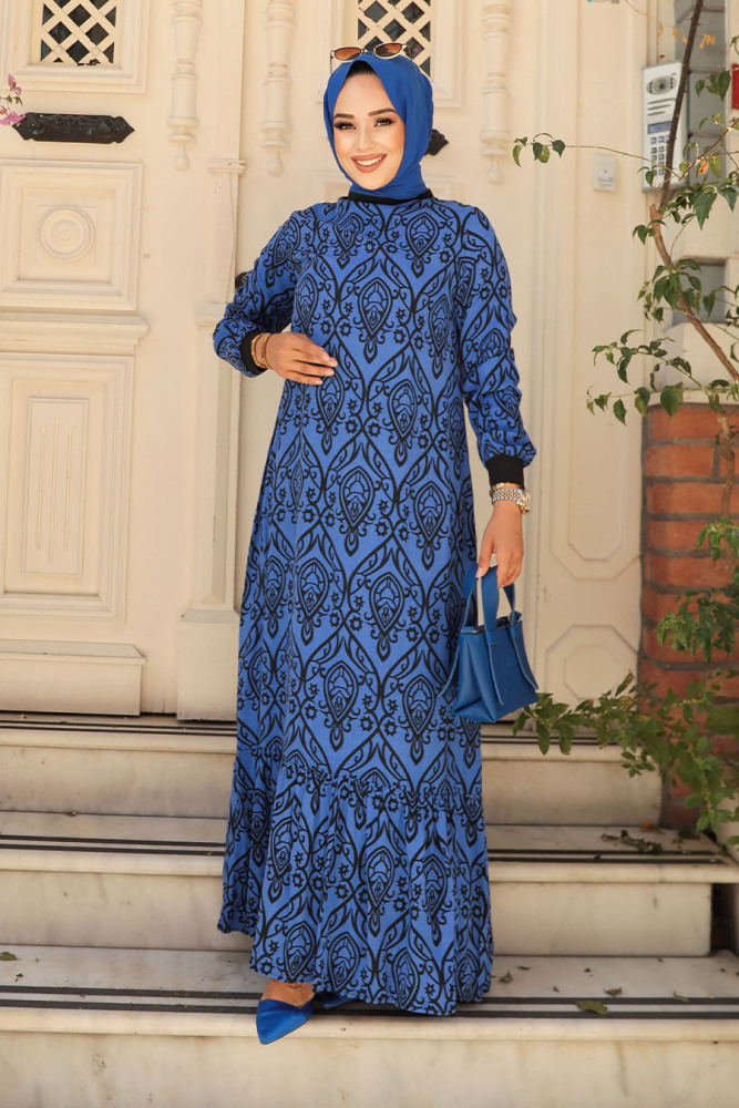 Neva Style - Desenli Sax Mavisi Tesettür Elbise 2297SX - 2