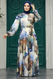Neva Style - Desenli Sax Mavisi Tesettür Elbise 33095SX - Thumbnail