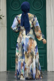 Neva Style - Desenli Sax Mavisi Tesettür Elbise 33095SX - Thumbnail