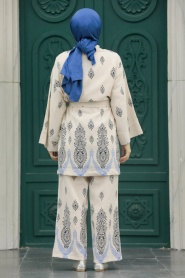 Neva Style - Desenli Sax Mavisi Tesettür Kimono İkili Takım 3212SX - Thumbnail