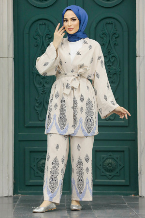  Desenli Sax Mavisi Tesettür Kimono İkili Takım 3212SX - 4