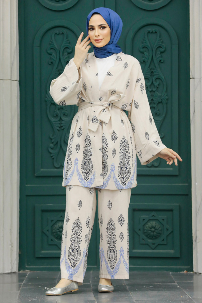  Desenli Sax Mavisi Tesettür Kimono İkili Takım 3212SX - 4