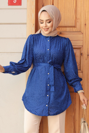 Neva Style - Desenli Sax Mavisi Tesettür Tunik 92671SX - 1