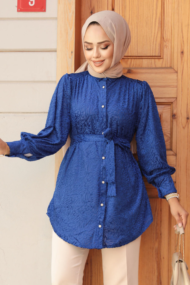 Neva Style - Desenli Sax Mavisi Tesettür Tunik 92671SX - 1