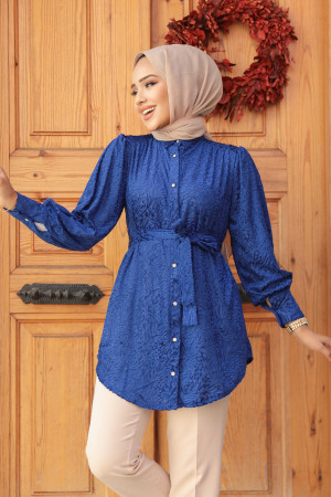 Neva Style - Desenli Sax Mavisi Tesettür Tunik 92671SX - 2