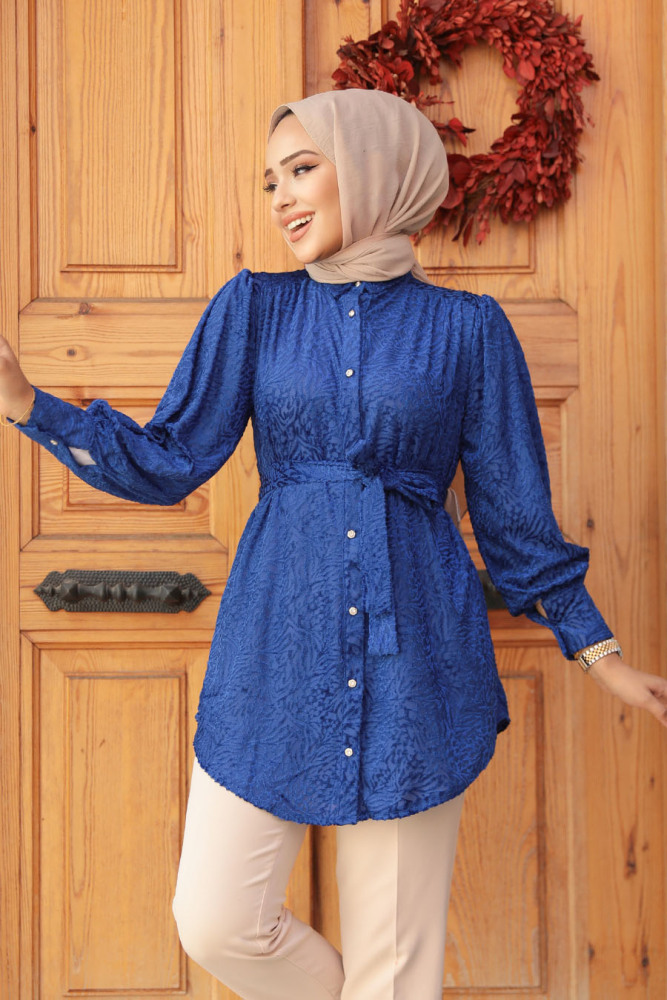 Neva Style - Desenli Sax Mavisi Tesettür Tunik 92671SX - 2