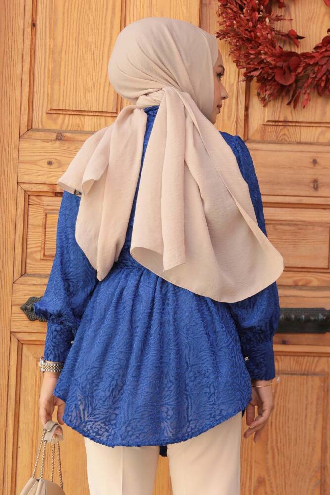Neva Style - Desenli Sax Mavisi Tesettür Tunik 92671SX - 3