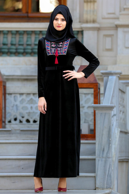 Neva Style - Desenli Siyah Kadife Tesettür Elbise 13757S